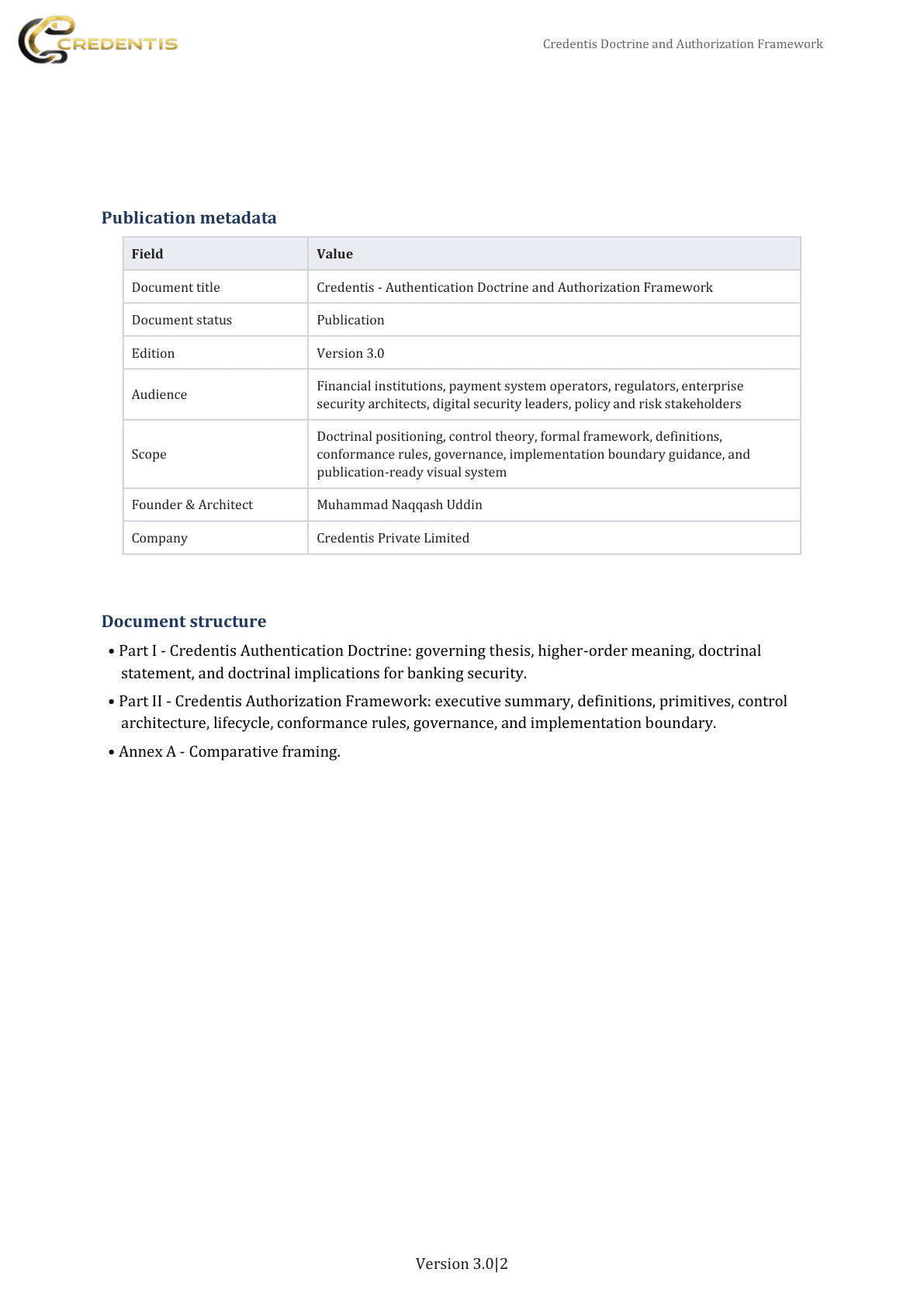 Credentis Doctrine and Authorization Framework publication page 2: Publication metadata.