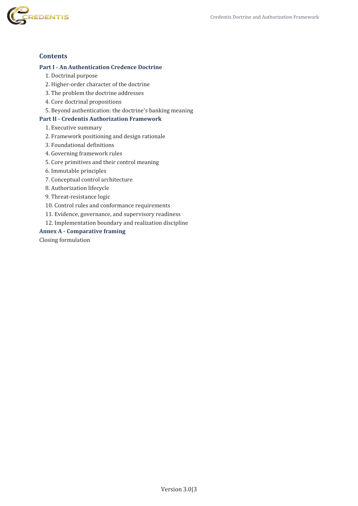Credentis Doctrine and Authorization Framework publication page 3: Contents.