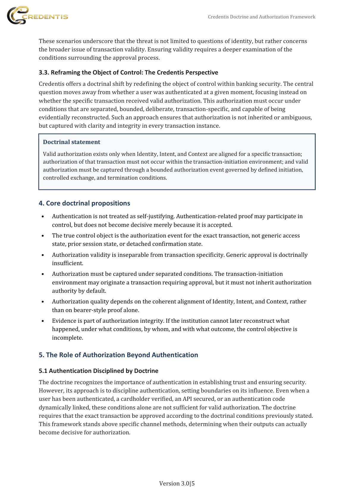 Credentis Doctrine and Authorization Framework publication page 5: Doctrinal statement and core propositions.