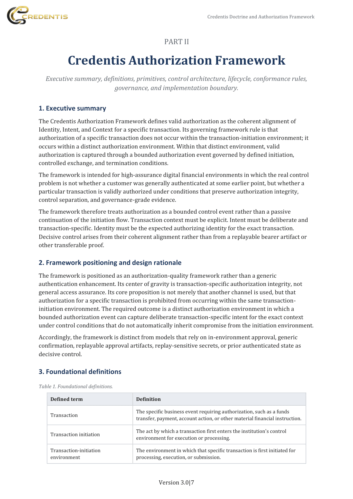 Credentis Doctrine and Authorization Framework publication page 7: Part II — Executive summary and framework positioning.