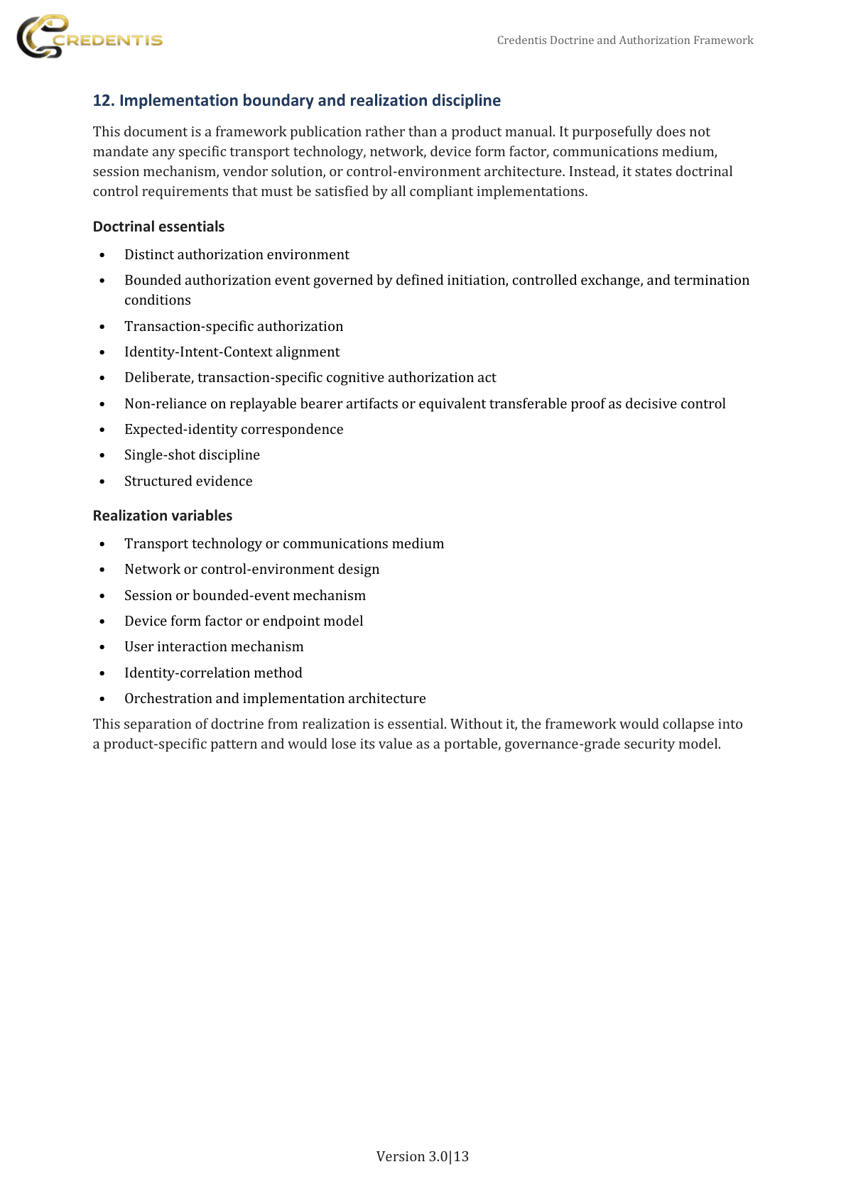 Credentis Doctrine and Authorization Framework publication page 13: Implementation boundary and realization discipline.