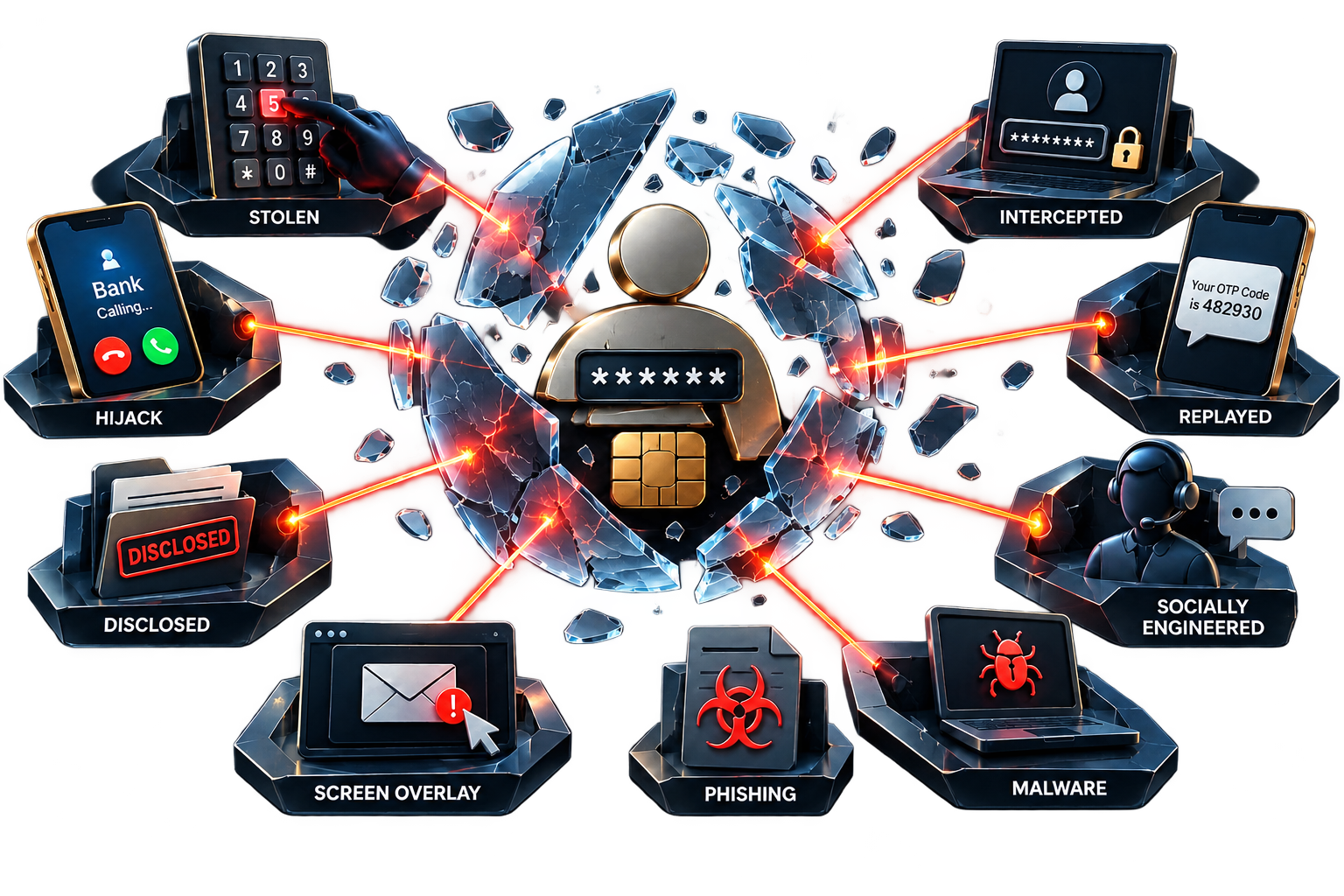 Approval-secret attacks including theft, interception, replay, hijacking, disclosure, overlays, phishing, malware, and social engineering.